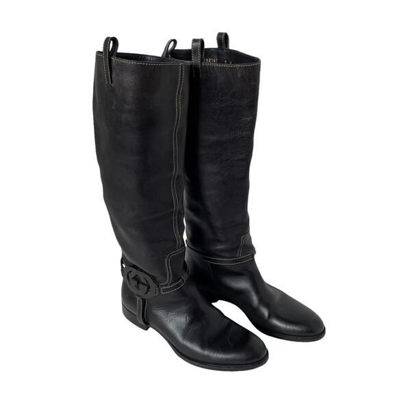 Gucci Interlocking G Logo Tall Riding Boots Knee Leather Black 7 GUC - Picture 15 of 16